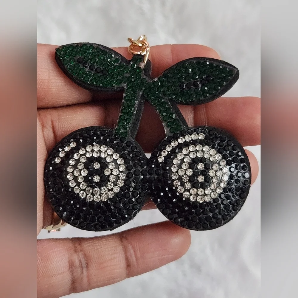 Black 8 Ball Cherries With Green Stem Keychain Bag Charm